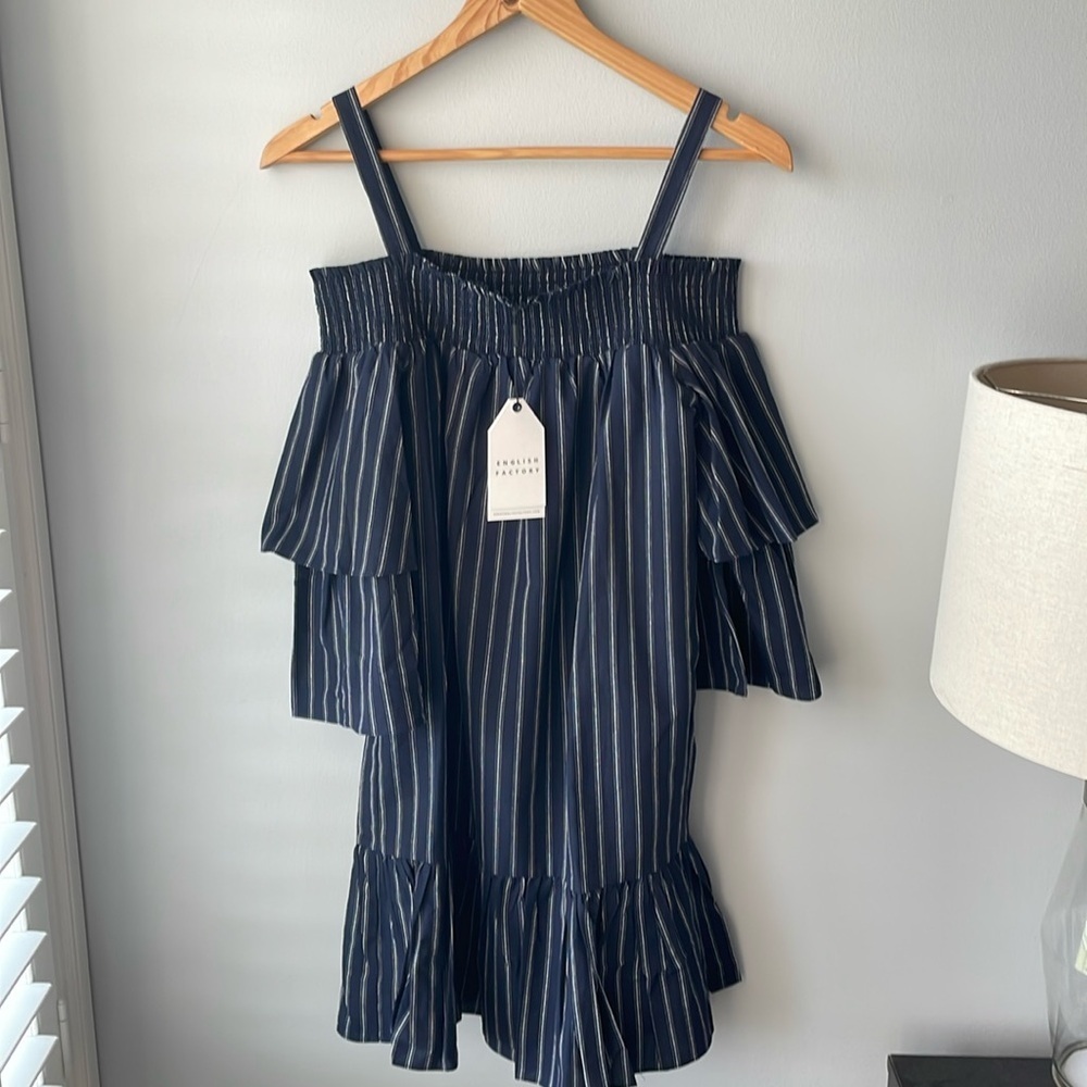 NWT English Factory Striped Off the Shoulder Navy Blue Dress